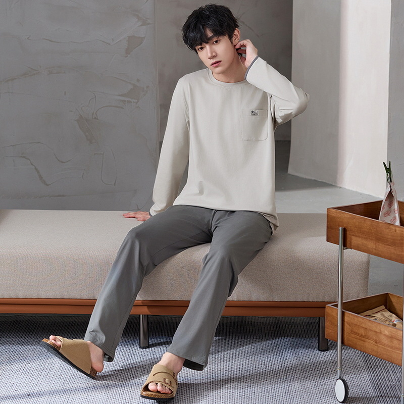 Pijamas de algodón de manga larga para hombres primavera y otoño ocio simple algodón 2024 nuevo conjunto de ropa de hogar de cuello redondo juvenil
