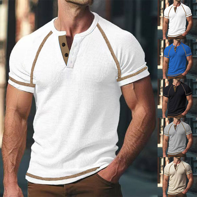 V-Neck Buckle Men's Summer Solid Color Waffle Casual Sports Short Sleeved Henry T-Shirt_voghion.com