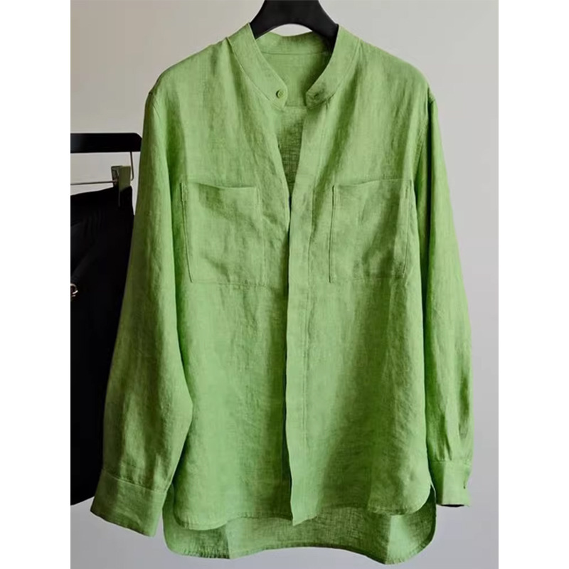 Japanese-style Grass Green Linen Sunscreen Top Women's Thin High-end New Thin Shirt 2024 Summer Linen Shirt