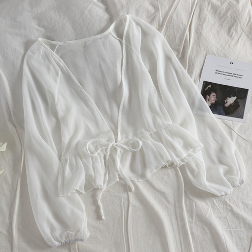 Women's Loose Chiffon Short-Sleeve Sun Shirt with Lotus Leaf Edge Ties, Lantern Long-Sleeve Open Top, Outerwear Shawl, Paired with Slip Dress