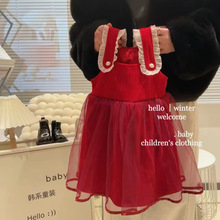 【现货秒发】女童红色连衣裙纱裙长袖秋冬款公主裙拜年服裙子