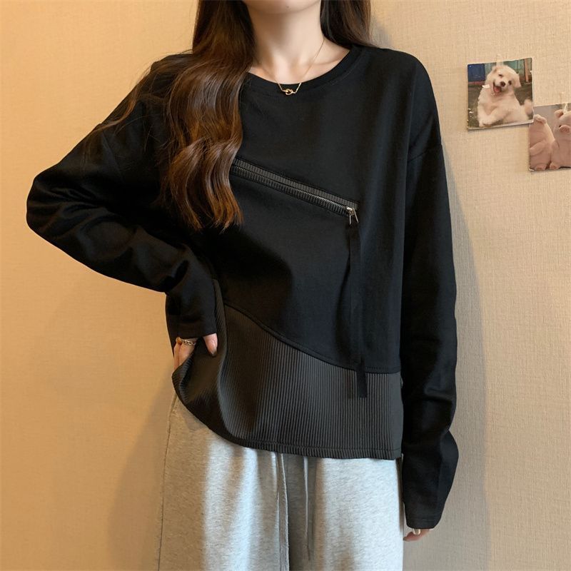 纯棉长袖T恤女春秋ins设计感大码胖mm显瘦打底衫拼接百搭上衣女装|undefined