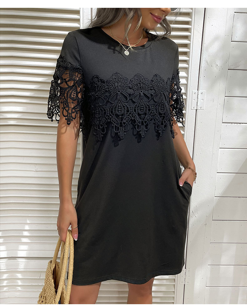 short-sleeved loose stitching round neck solid color lace t-shirt dress NSDMB127408