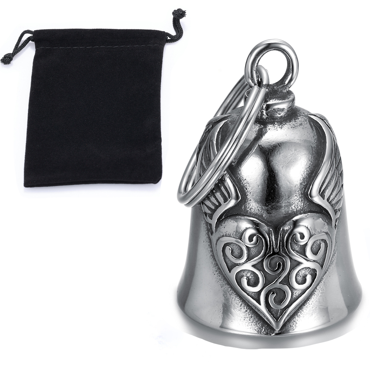 Moto de personalidad europea y americana transfronteriza, santo patrón de la conducción, material de acero inoxidable, alas de amor, campana, negro retro