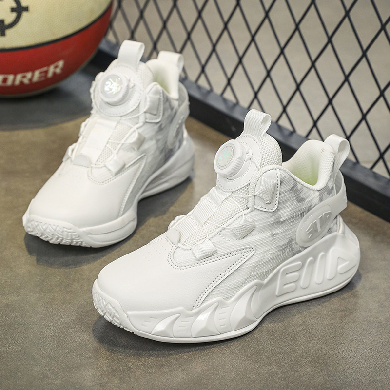 Zapatos de baloncesto para niños primavera y otoño nuevo botón de malla blanca zapatos deportivos fricción sonido zapatos de carrera