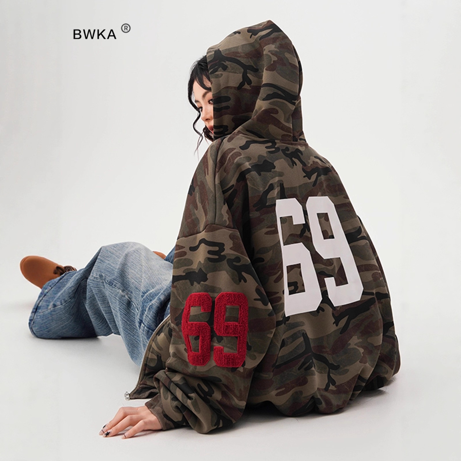 2025美式高街迷彩开衫卫衣男女秋冬新款复古潮牌宽松休闲连帽外套