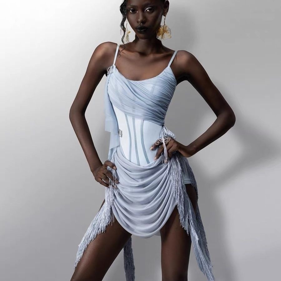 Meichen [Whale] New Latin Dance Dress with Hollow Mesh and Tassels, Practice and Performance Outfit, High-end Style for Adult Women