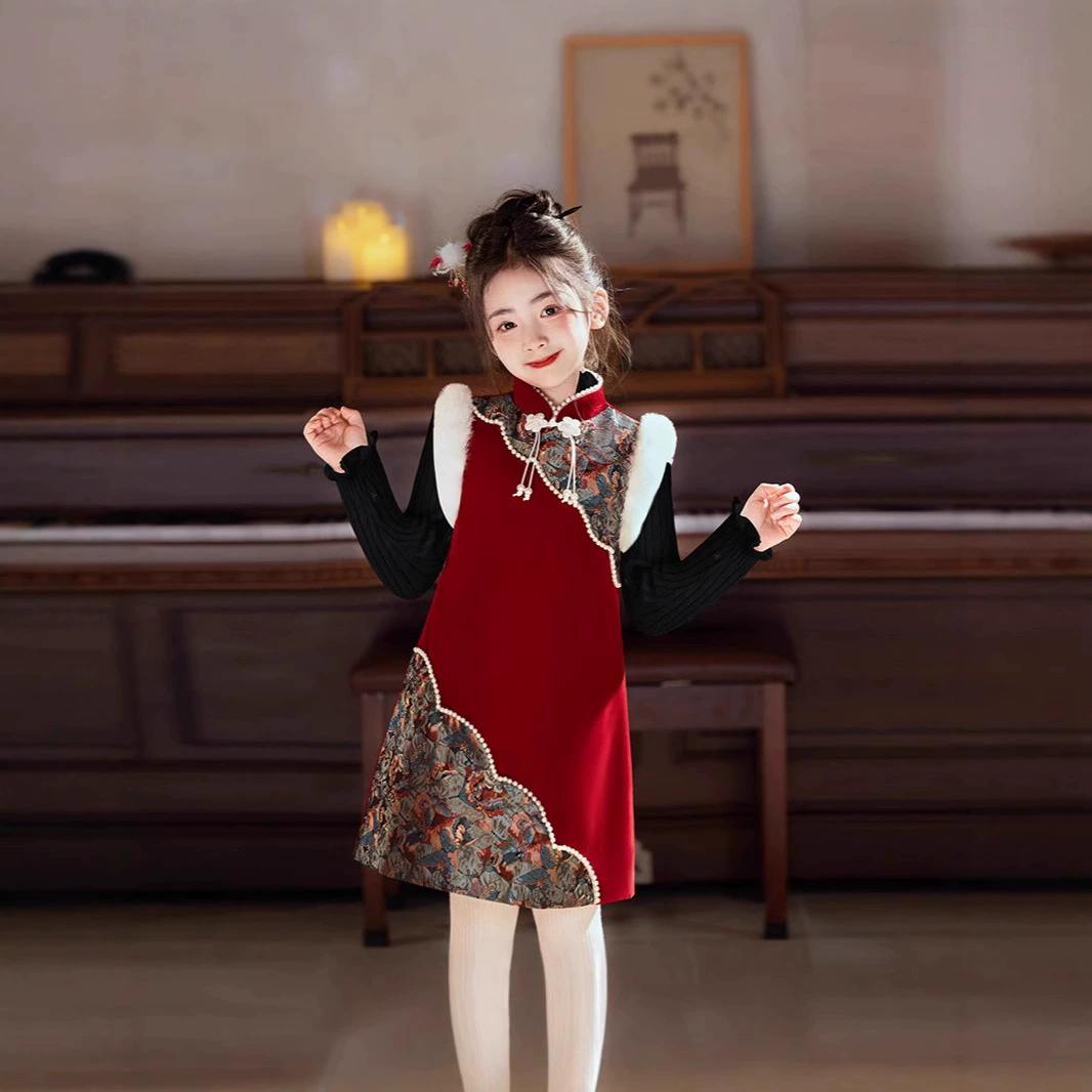 Платье для девочек Зимний теплый набор Малый и средний детский cheongsam Детское платье принцессы костюм Новый китайский стиль