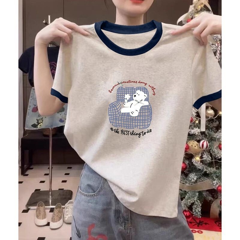 2026 Summer Round Neck Straight Shoulder Women's T-Shirt Short Sleeve Color-Blocking Unique Design Casual Versatile Slimming Top