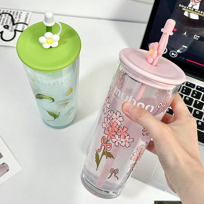 女の子向けの見栄えの良いオフィスフラワーコーヒーカップ、大容量のティーカップ、高級ガラスカップ、家庭用ストローカップ|undefined