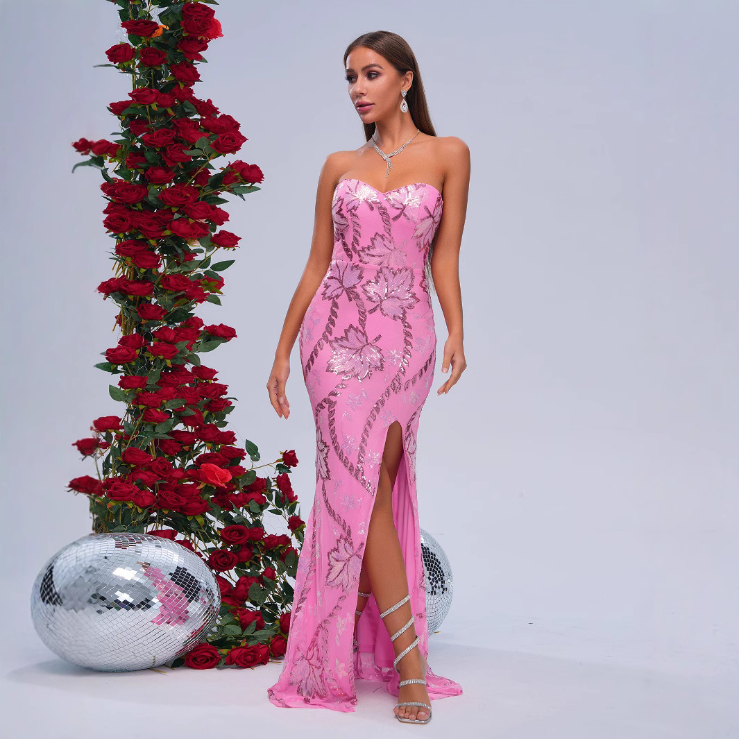 Cross-Border European and American Fashion New High-End Chest-Wrapped One-Line Collar Hip-Covering Sequin Banquet Fishtail Evening Dress