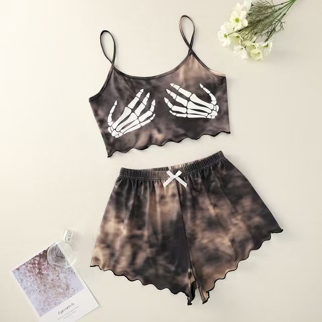 Cross-Border European and American Popular Split Sexy Printed Camisole Tube Top Shorts Loungewear Set