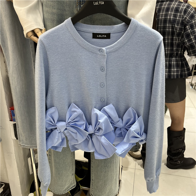 Sweet Bow Knitted Cardigan for Women 2025 Autum New Korean Style Round Neck Short Jacket Loose Top Trendy