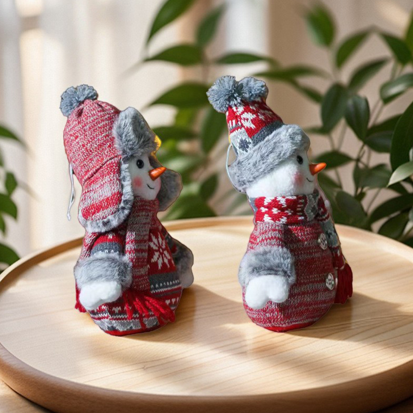 Christmas Snowman Plush Doll – Handmade Knit Fabric, Festive Tabletop Decor For Home/Shop Window (Set Of 2 Styles: Elf Hat & Fur Cap)_voghion.com