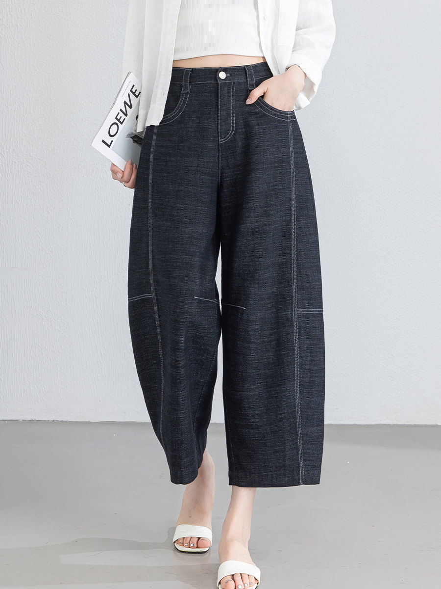 Quần jean nữ ống rộng eo cao vải linen mát mẻ phong cách cổ điển — xanh lam