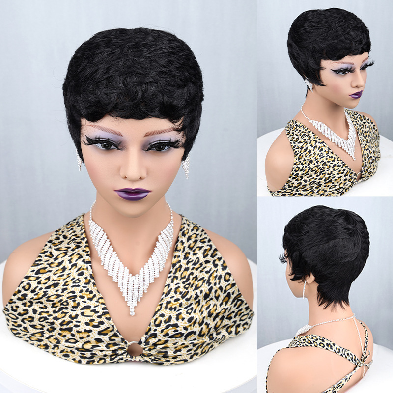 Peluca Corta Rizada de Cabello Real para Mujeres