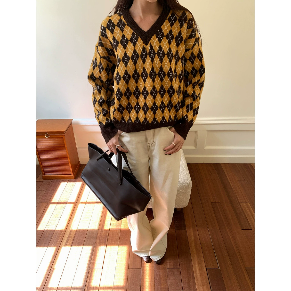 Yi En Oinbyin контрастный ромбовидный свитер с воротником в форме сетки женский осень и зима новый ленивый ветер свободный свитер с длинными рукавами