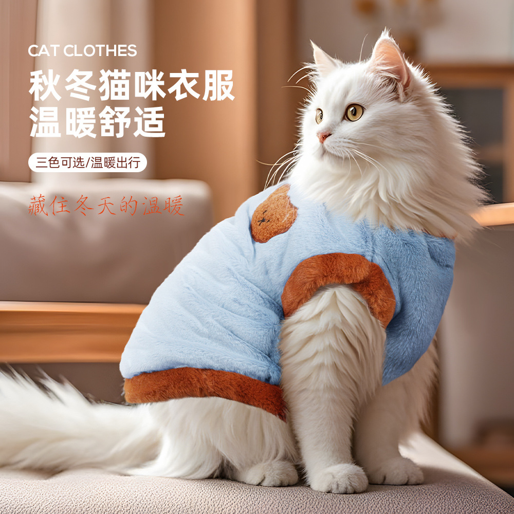 Nueva ropa de gato invierno grueso y cálido ropa de gato y perro lindo bordado de dibujos animados felpa ropa para mascotas al por mayor