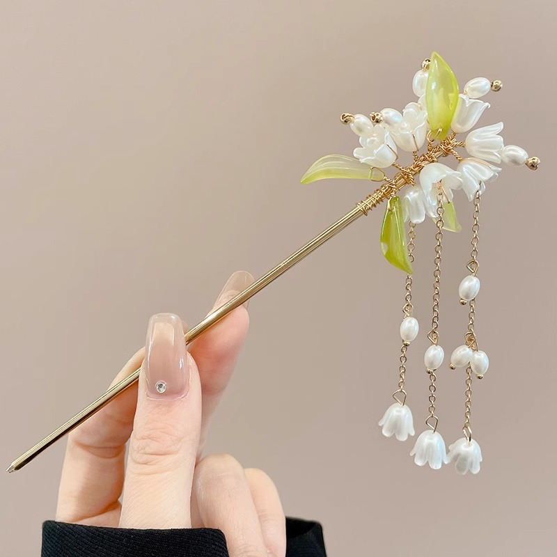 Horquilla de flores con flecos de estilo antiguo, temperamento femenino de alto nivel, escalón, horquilla de Hanfu, horquilla de cabello en la parte posterior de la cabeza, tocado de horquilla