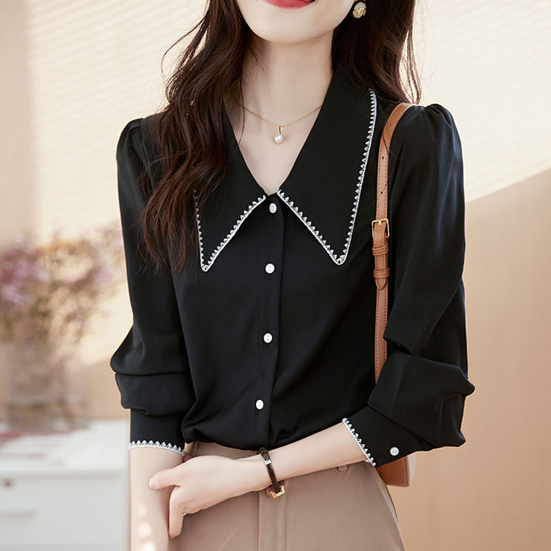 Early Spring 2023 New Style Long-Sleeved Peter Pan Collar Chiffon Blouse for Women, Chic and Stylish Top, Solid Color