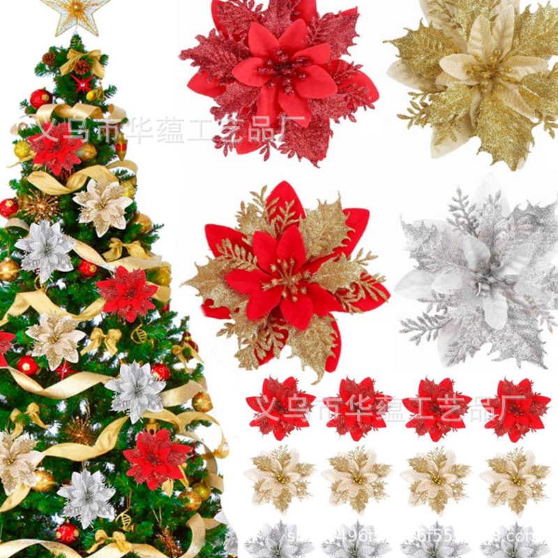 Diseño transfronterizo flores de Navidad decoración de Navidad decoración de Navidad árbol de Navidad simulación de flores de polvo de oro flor de plástico guirnaldas