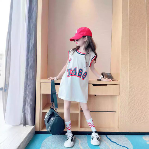 Girls' Summer Dress 2024 New Middle-Size Children Korean Style Trendy Sleeveless Blouse Dress with Back Heart Long T-Shirt Skirt