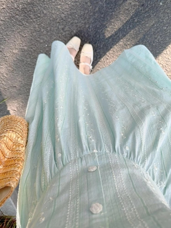 女性のための小さな新鮮なブルーネイビーカラーの半袖ドレス 2025 夏美しいハイエンドピンチウエスト A ラインロングドレス|undefined