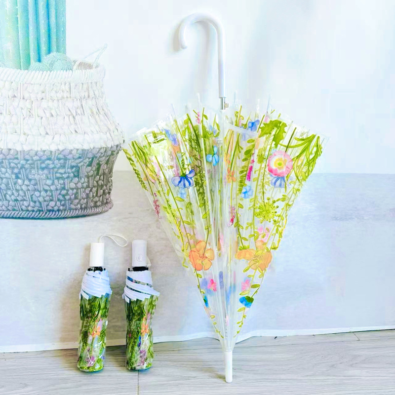Ins-Style Transparent Umbrella, Cute Forest-Themed Fresh Floral Umbrella, High-Value Folding Umbrella for Men and Women, Wholesale, Customizable with Printing