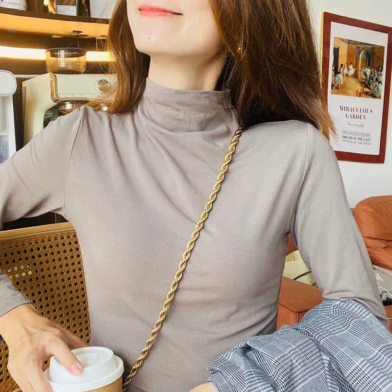 半高领打底衫女春秋新款长袖恤女修身棉质纯色内搭小衫上衣|undefined