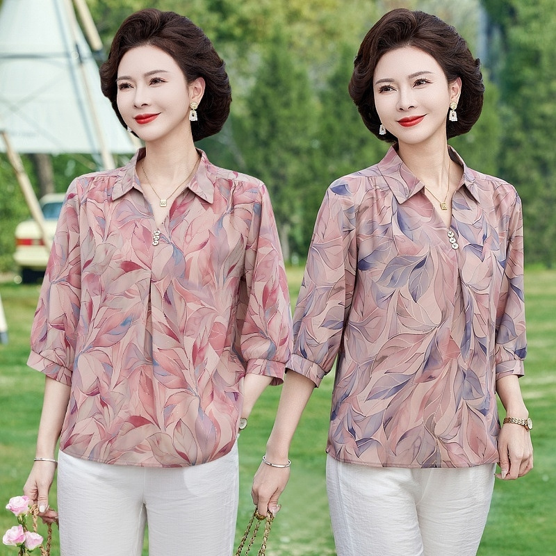 Mother Dress Summer Seven-point Sleeve T-shirt Women's Thin Western Style Mother Lapel Shirt for the Elderly Clothes Rich Wife Top