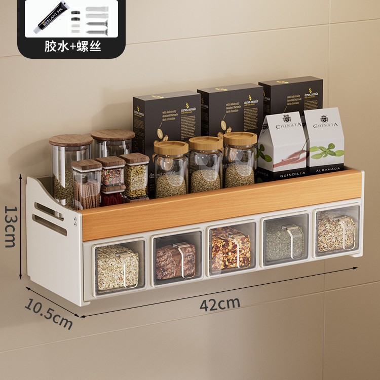 Beech wood spice rack-milk white 5 spice jars (dual use of punching/no punching)