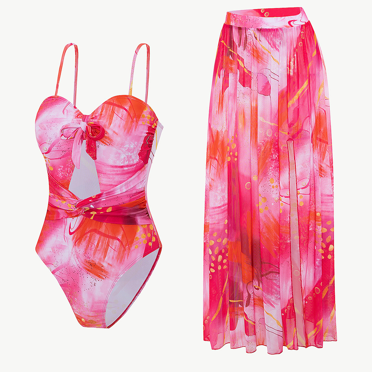 Nuevo estilo transfronterizo europeo y americano estampado hueco traje de baño de mujer de una pieza falda de dos piezas bikini comercio exterior de Amazon