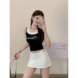 辣妹字母烫钻假两件a字短裙女夏季新款蕾丝花边低腰防走光半身裙