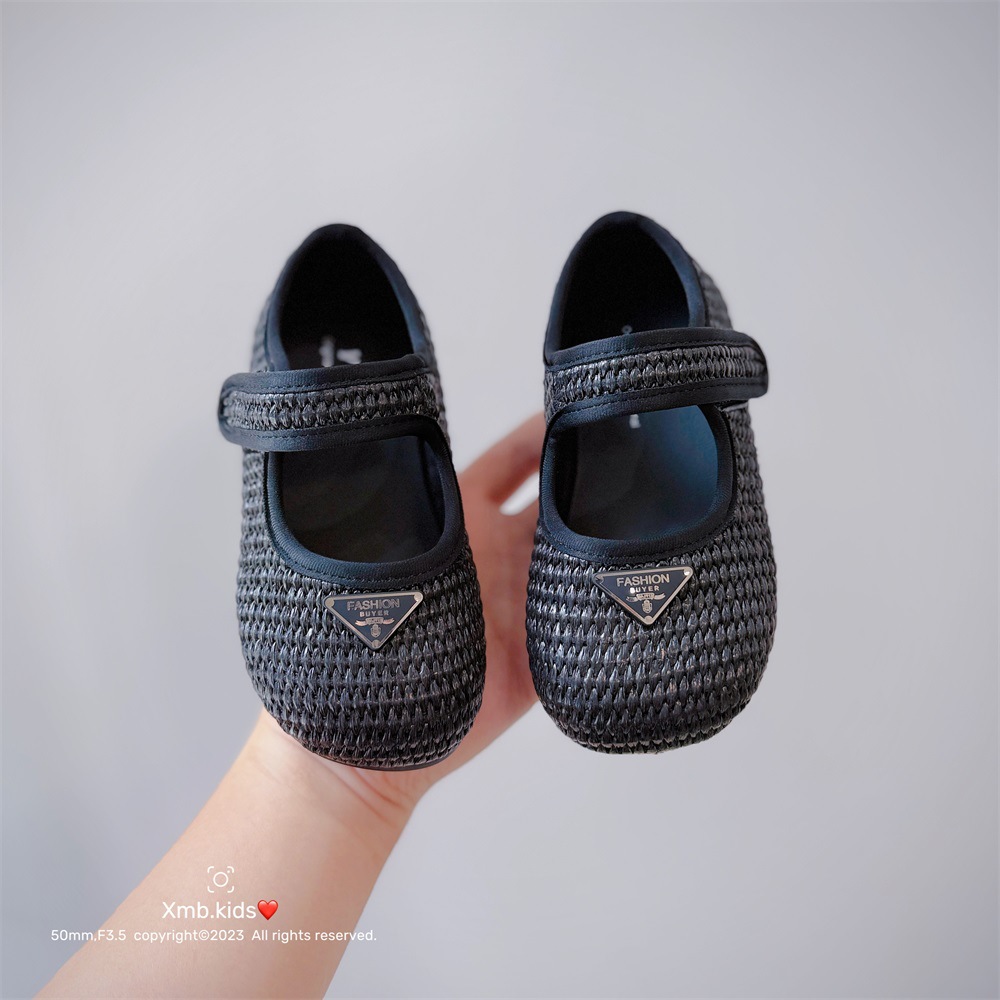 2025 Triangle Logo Ballet Shoes Double Strap Round Toe Versatile Mesh Hollow Fabric Girls Flat Mary Jane Shoes