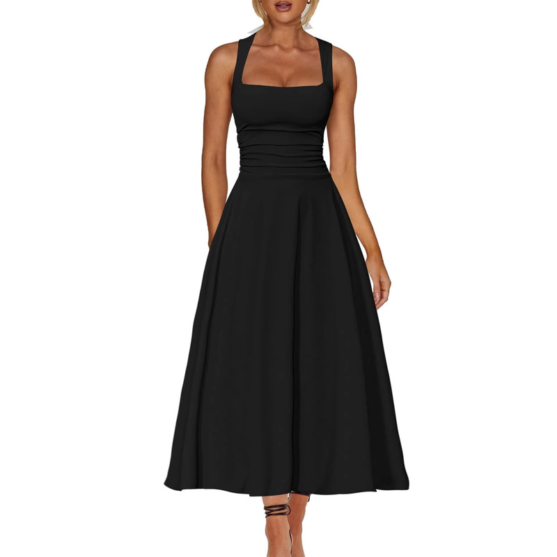 Cross-Border New Style Women's Square-Neck Corset A-Line Ultra-Long Dress with Ruched Waist and Flowing Skirt