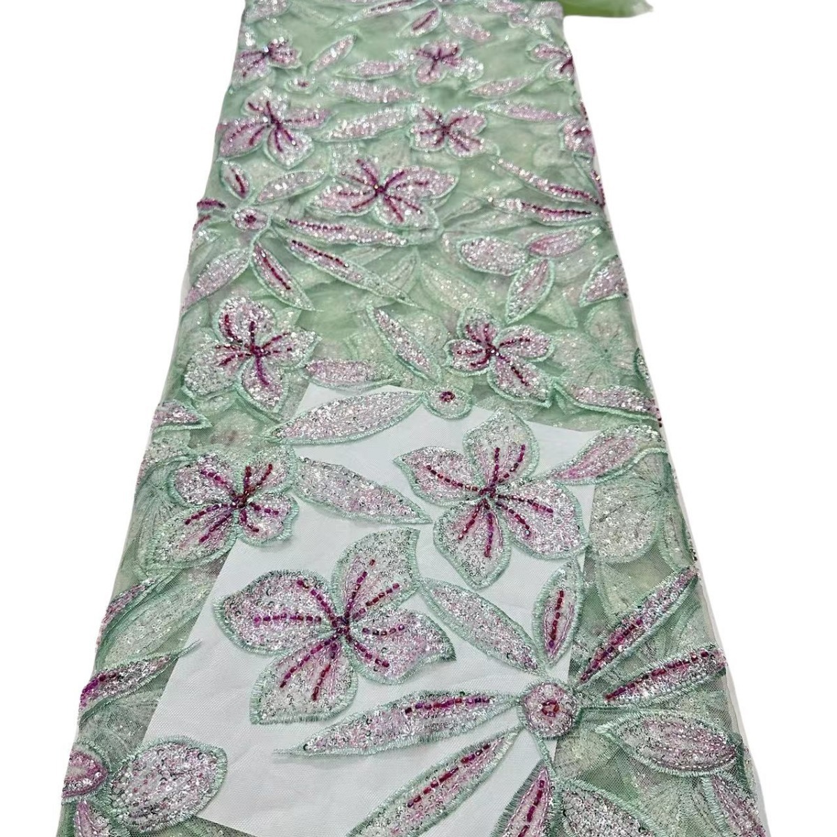 Flores de hojas bordadas de encaje bordado tela de alto lujo vestido de boda vestido de tela en stock