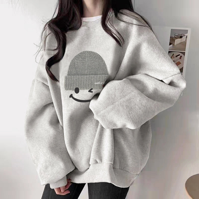 2026 Autumn New Popular Gray Round Neck Thickened Fleece Sweatshirt for Women, Fashionable and Stylish Loose Top Coat