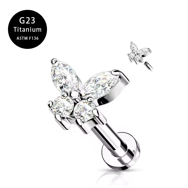 Пирсинг губ Labret, титан G23, бабочка с кристаллом, 1,0×6–12 мм, множественные цвета