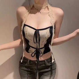 韩国东大门新品 纯欲性感甜辣少女蕾丝拼接抹胸背心短款上衣+飘带