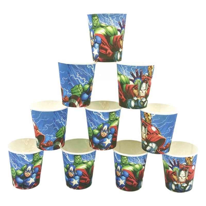 Vengadores de cumpleaños de los niños fiesta de fiesta traje banderina taza de papel plato de papel máscara fiesta vajilla traje