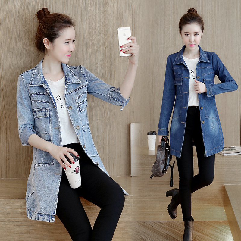 Women's Korean-style long-sleeved Denim coat slim-fit single-breasted mid-length trench coat