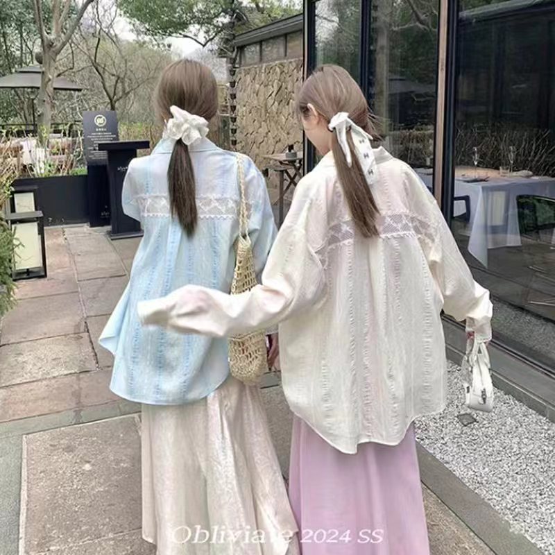 Forget It All/Be Careful Behind the Scenes’23% Tencel Light Blue Shirt Women’S Summer Lace Splicing Long-Sleeved Top