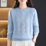 高品质软糯慵懒风字母提花100%羊毛毛衣女设计感加厚羊毛衫上衣，女装针织衫/毛衣，妃慕昵服饰