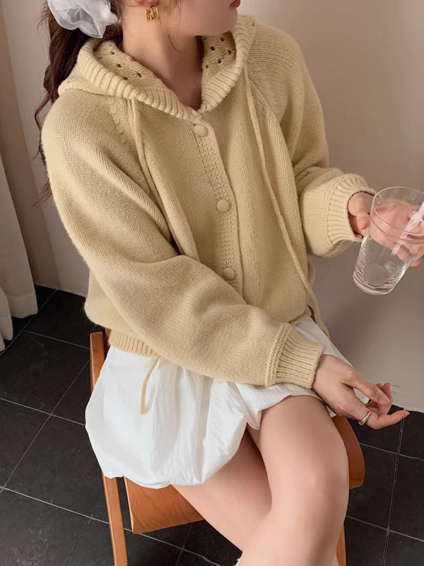 韩纯色设计感连帽抽绳针织开衫女早春季新款宽松慵懒风毛衣外套|undefined