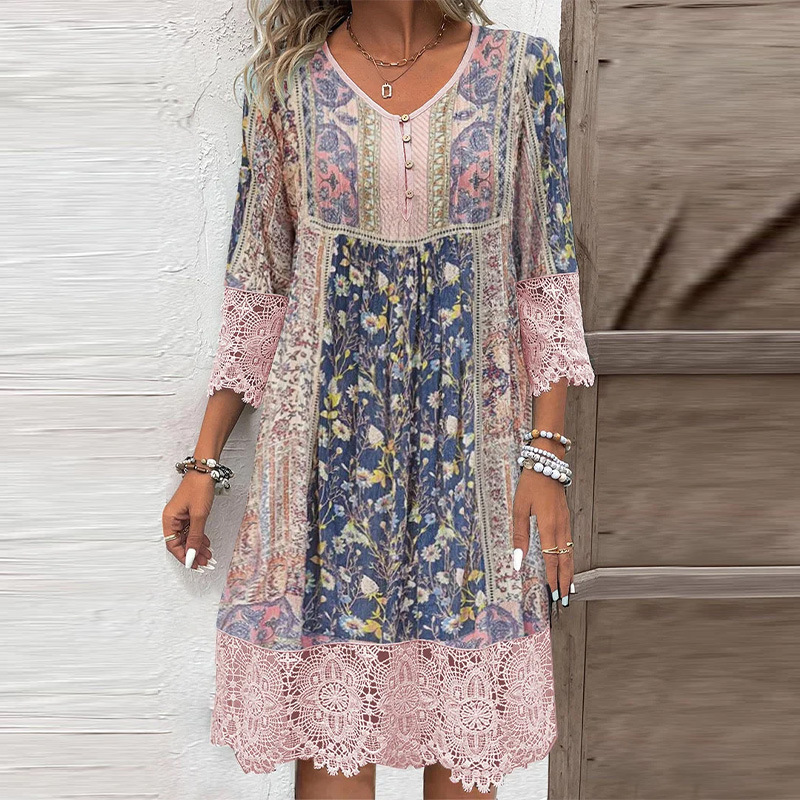 2024 new in stock cross-border foreign trade Europe and the United States women's spring and summer hot vintage printing lace dress