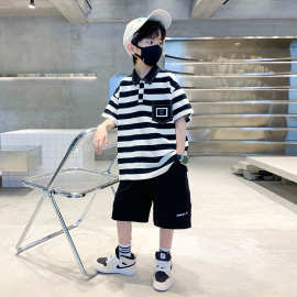 男童夏装套装条纹POLO衫2025新款短袖儿童夏季运动两件套大童时髦
