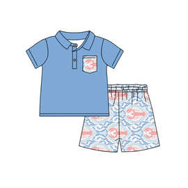 精品外贸婴幼儿童装批发男孩夏季蓝色龙虾短袖短裤套装