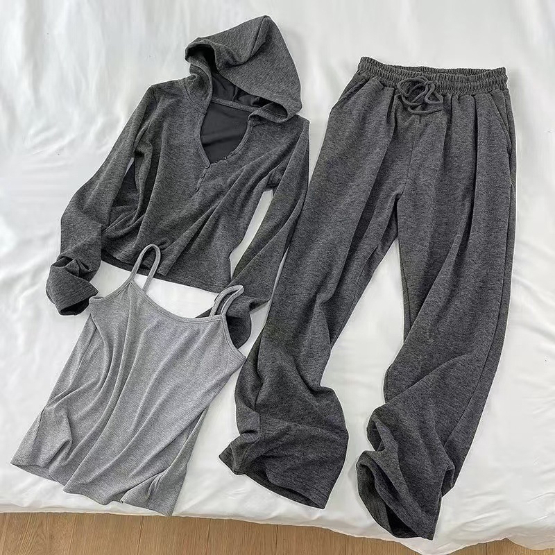 Lazy Style Fashionable Casual Sports Suit Women's Autum Hooded Top Camisole Wide Leg Pants Three-Piece Set Autum and Winter