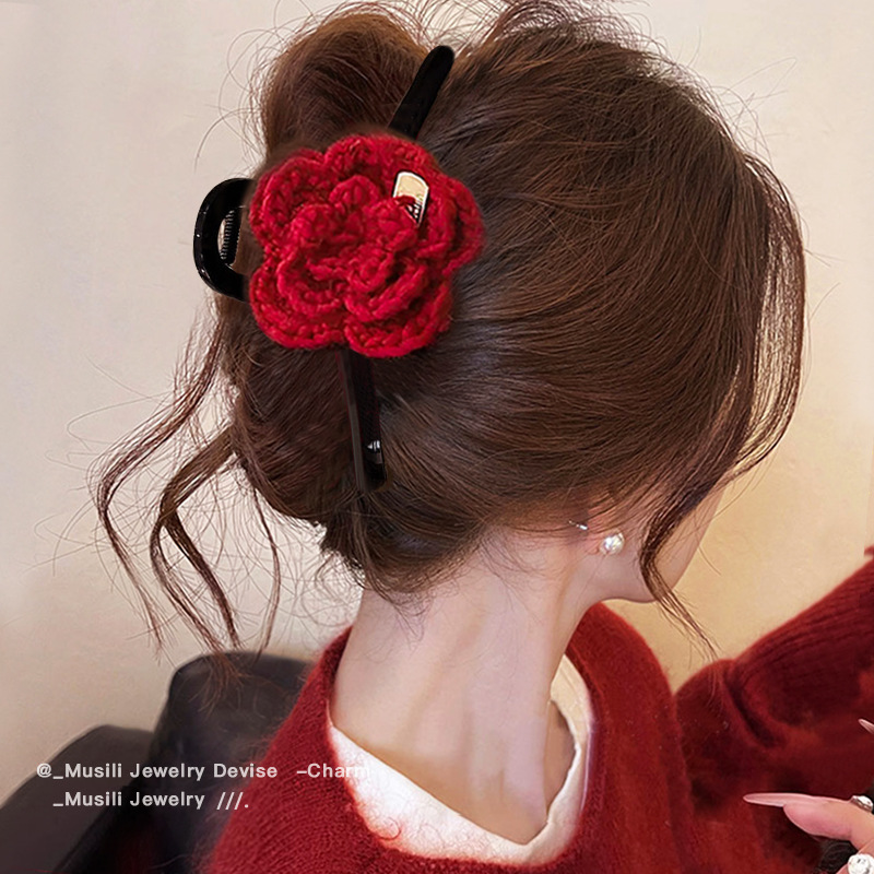 18_红色针织花朵抓夹