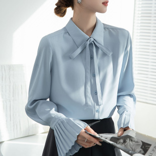 2025 New Fengqin Sleeve Blue Shirt Women's Spring Bow Career Interview Dress Inner Top